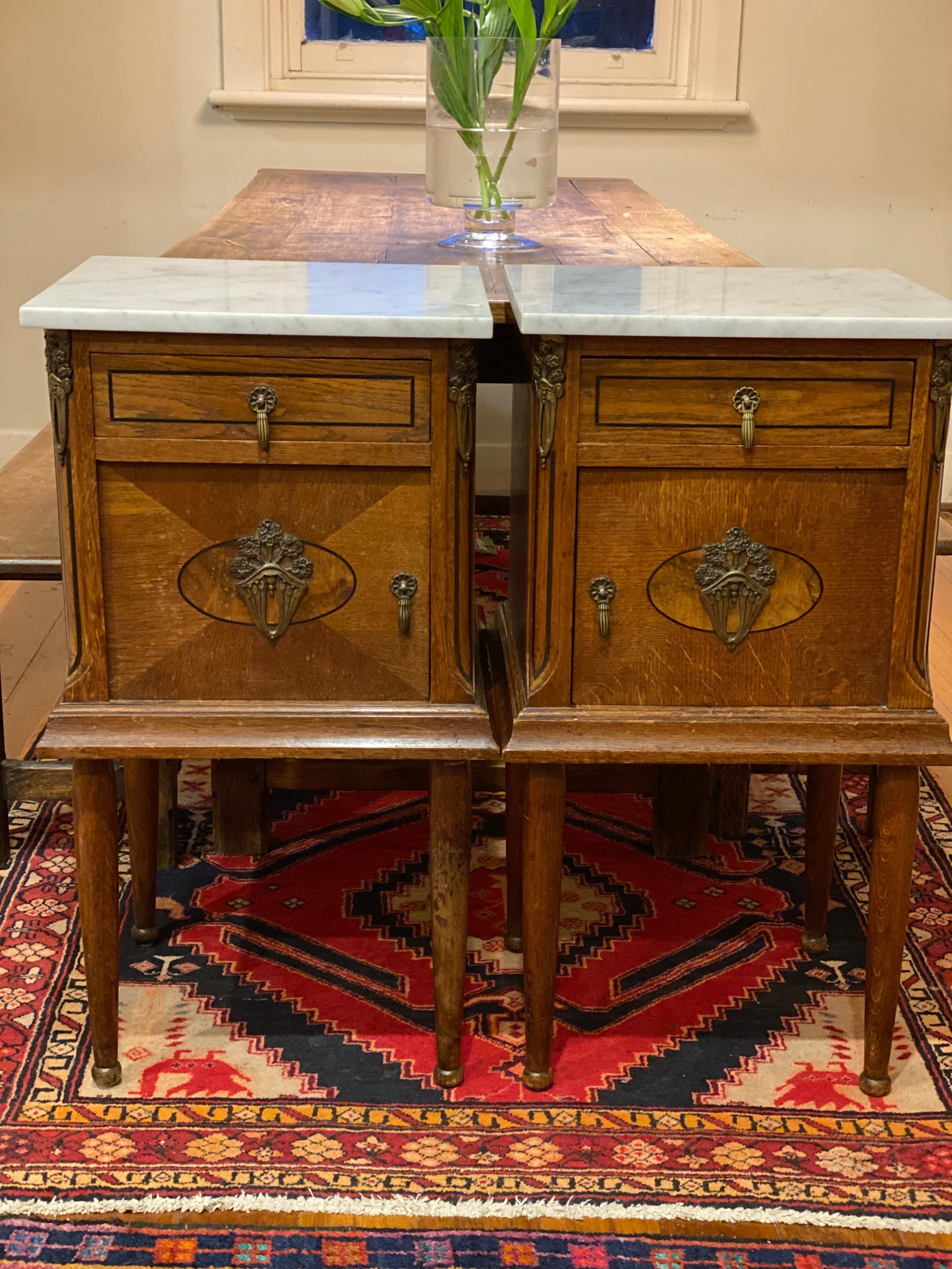 Antique French oak Ormolu bedside tables with white marble tops