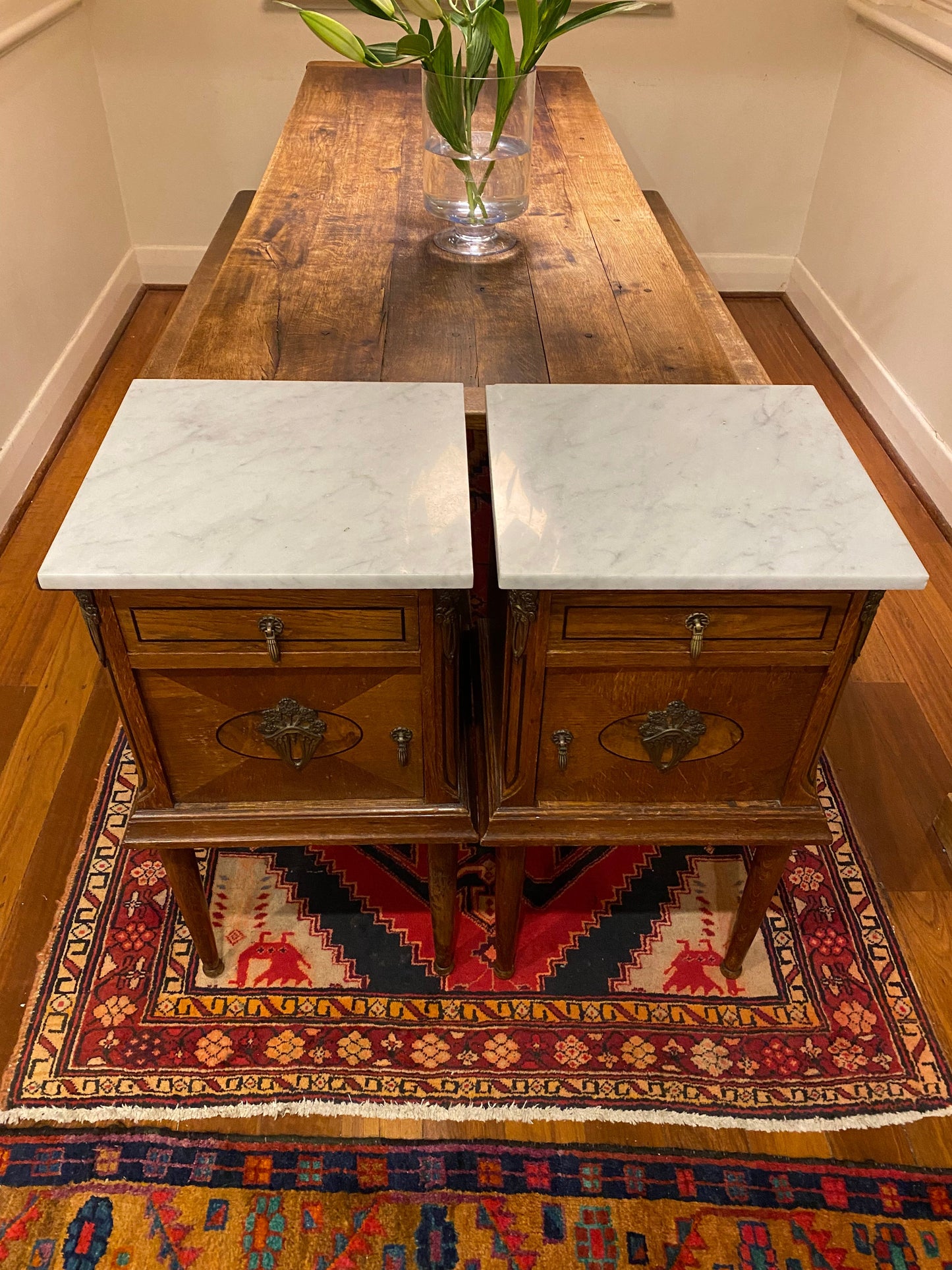 Antique French oak Ormolu bedside tables with white marble tops