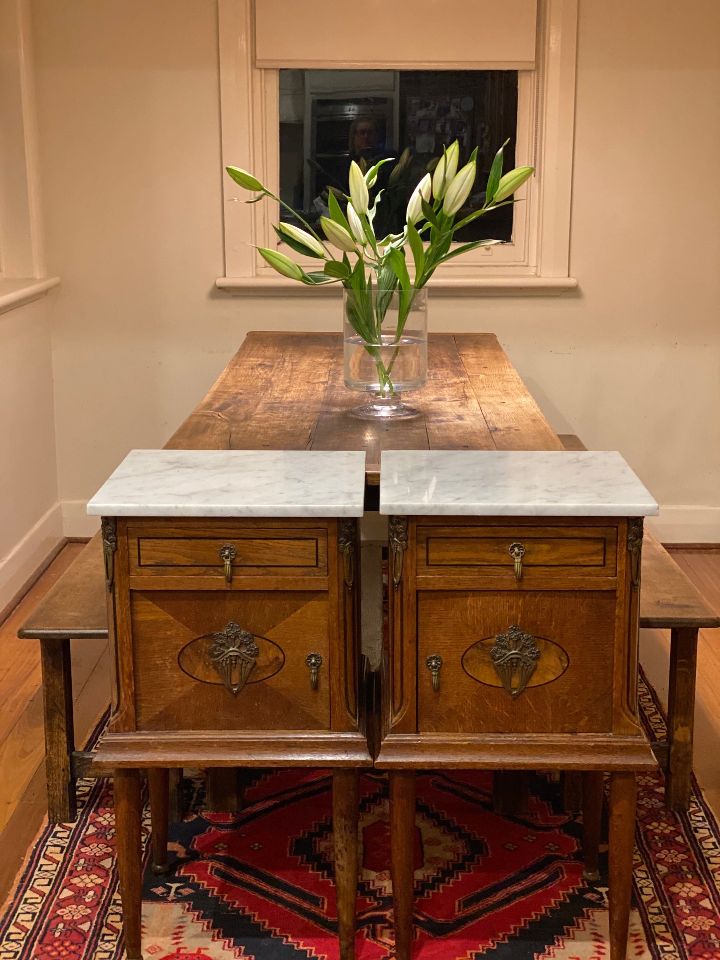 Antique French oak Ormolu bedside tables with white marble tops