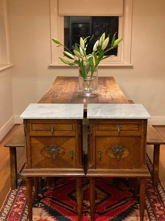 Antique French oak Ormolu bedside tables with white marble tops
