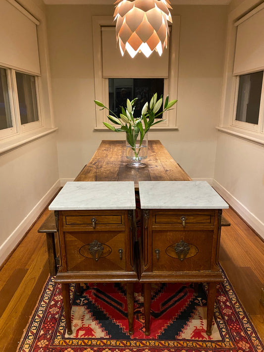 Antique French oak Ormolu bedside tables with white marble tops