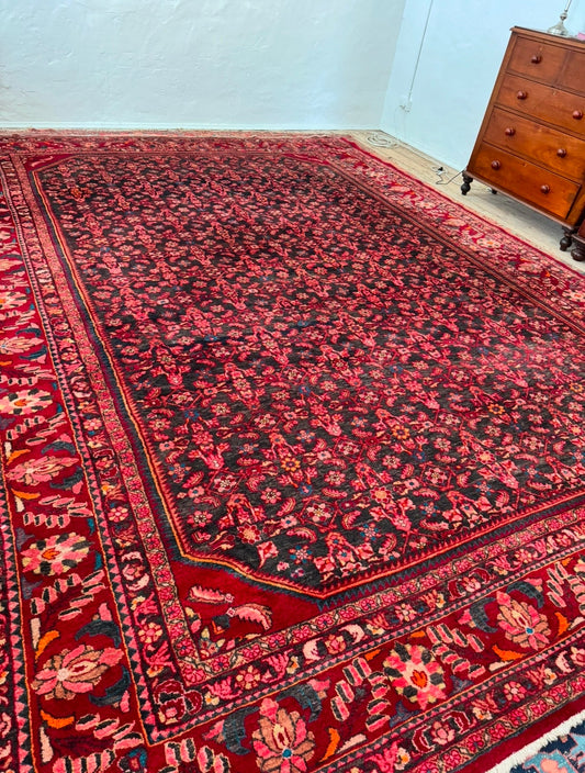 Huge Mahal Persian rug with navy pink and red