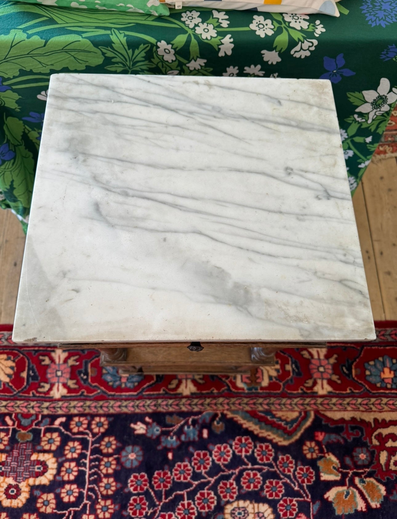 French oak bedside with carved detail & marble top