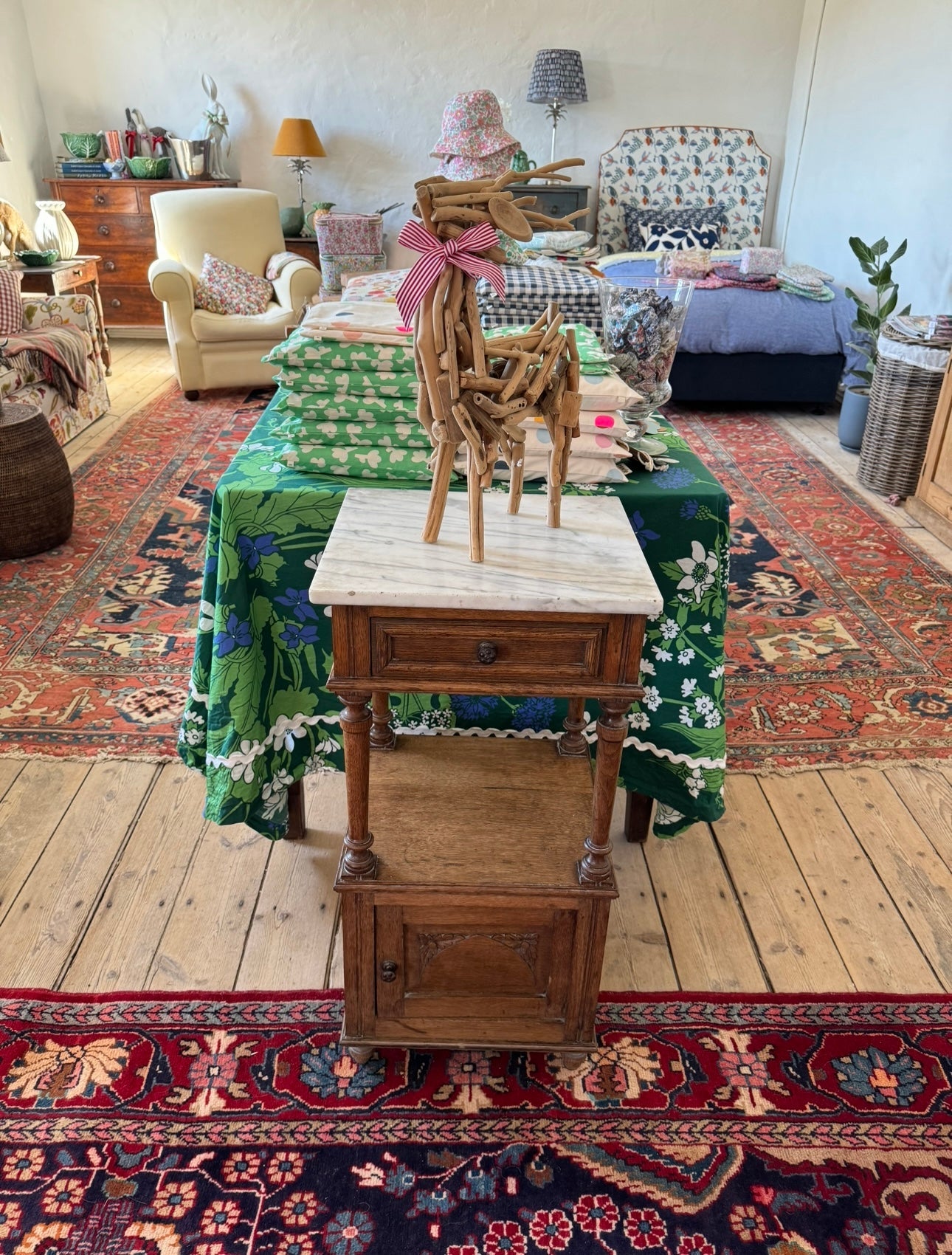 French oak bedside with carved detail & marble top