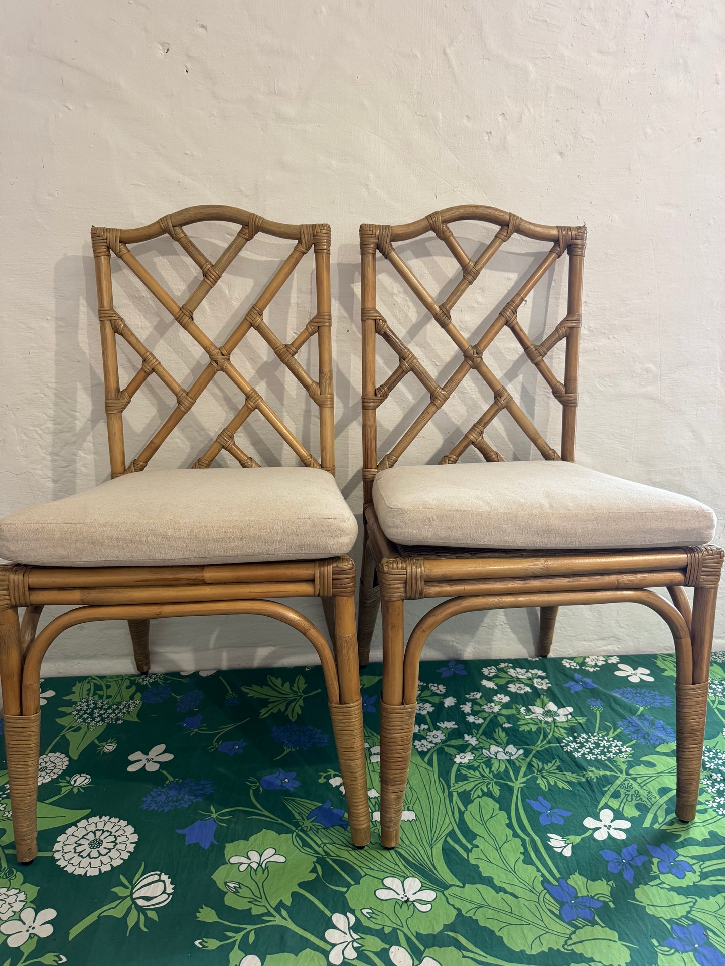 Four bamboo dining chairs with seats