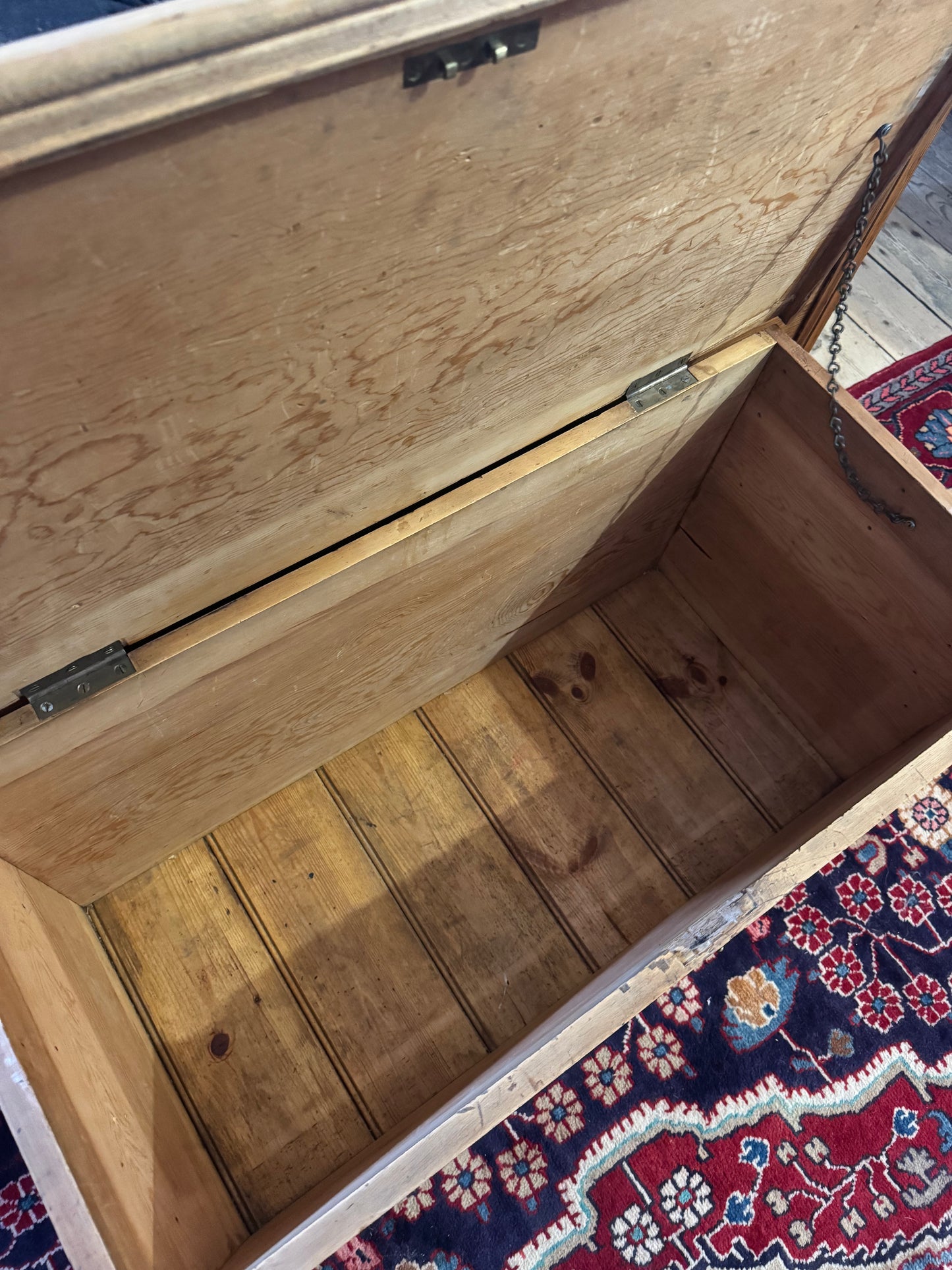 Antique raw pine trunk with brass handles