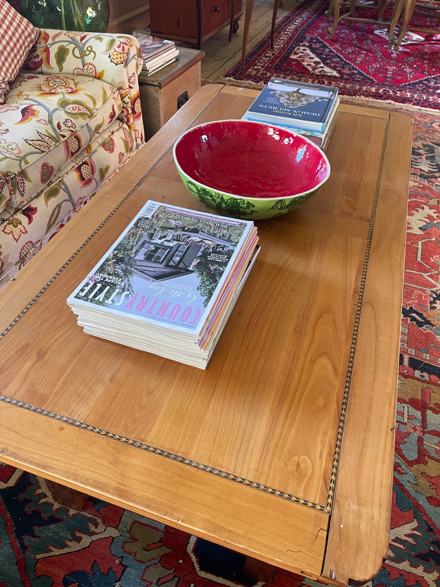 Pine coffee table with inlay