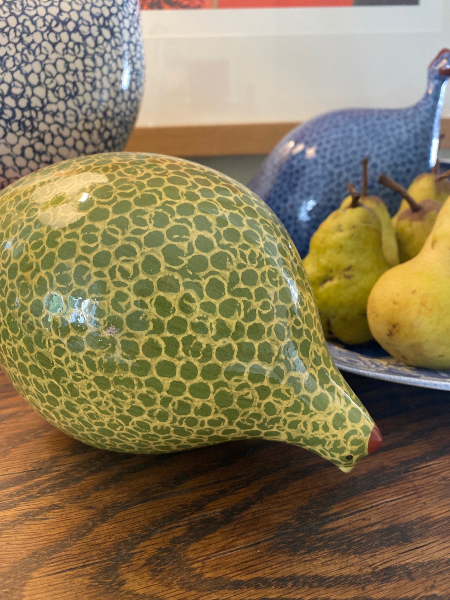 French ceramic quail pecking green and yellow