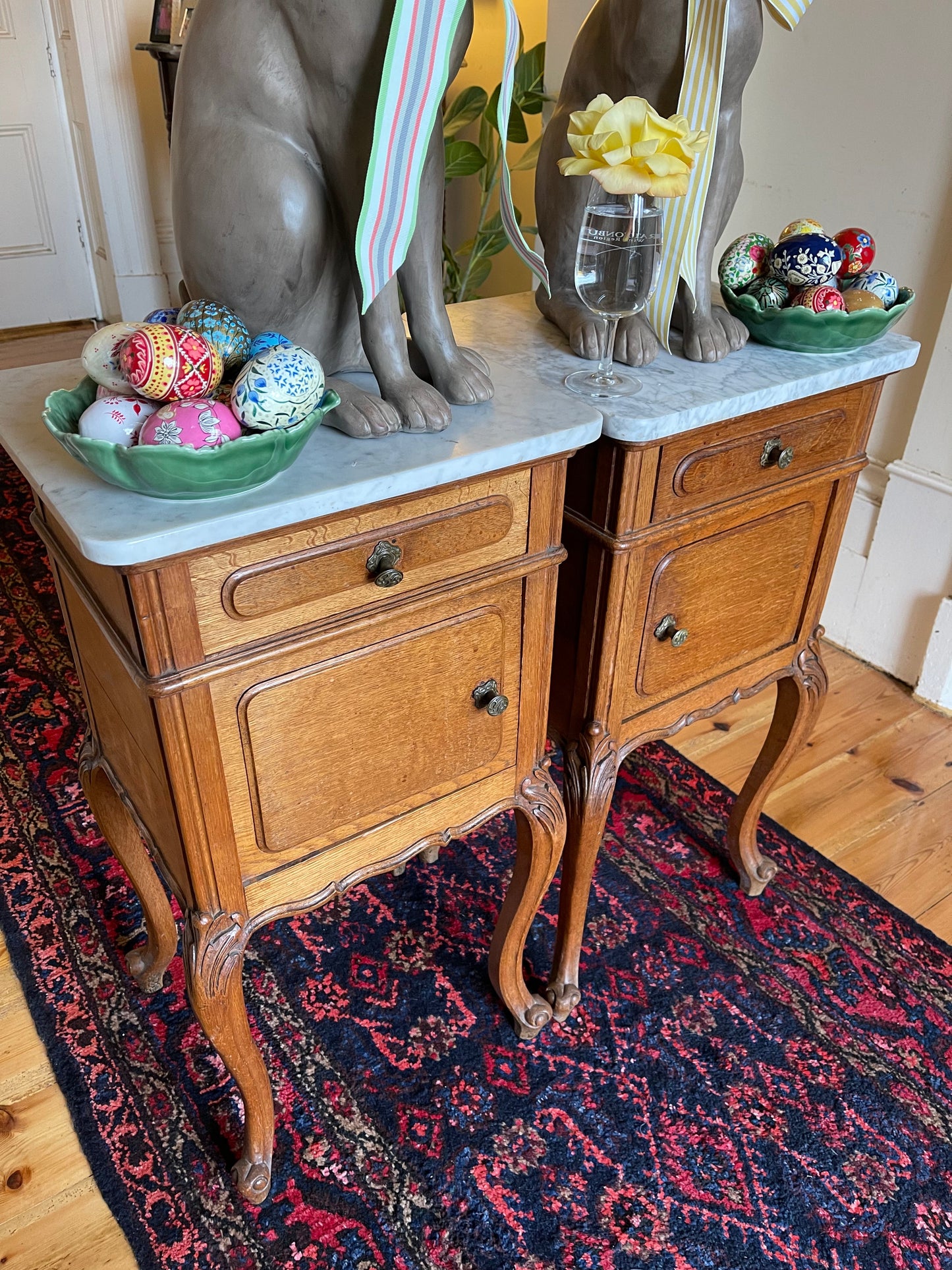 Pair Louis XVth oak & white marble bedsides