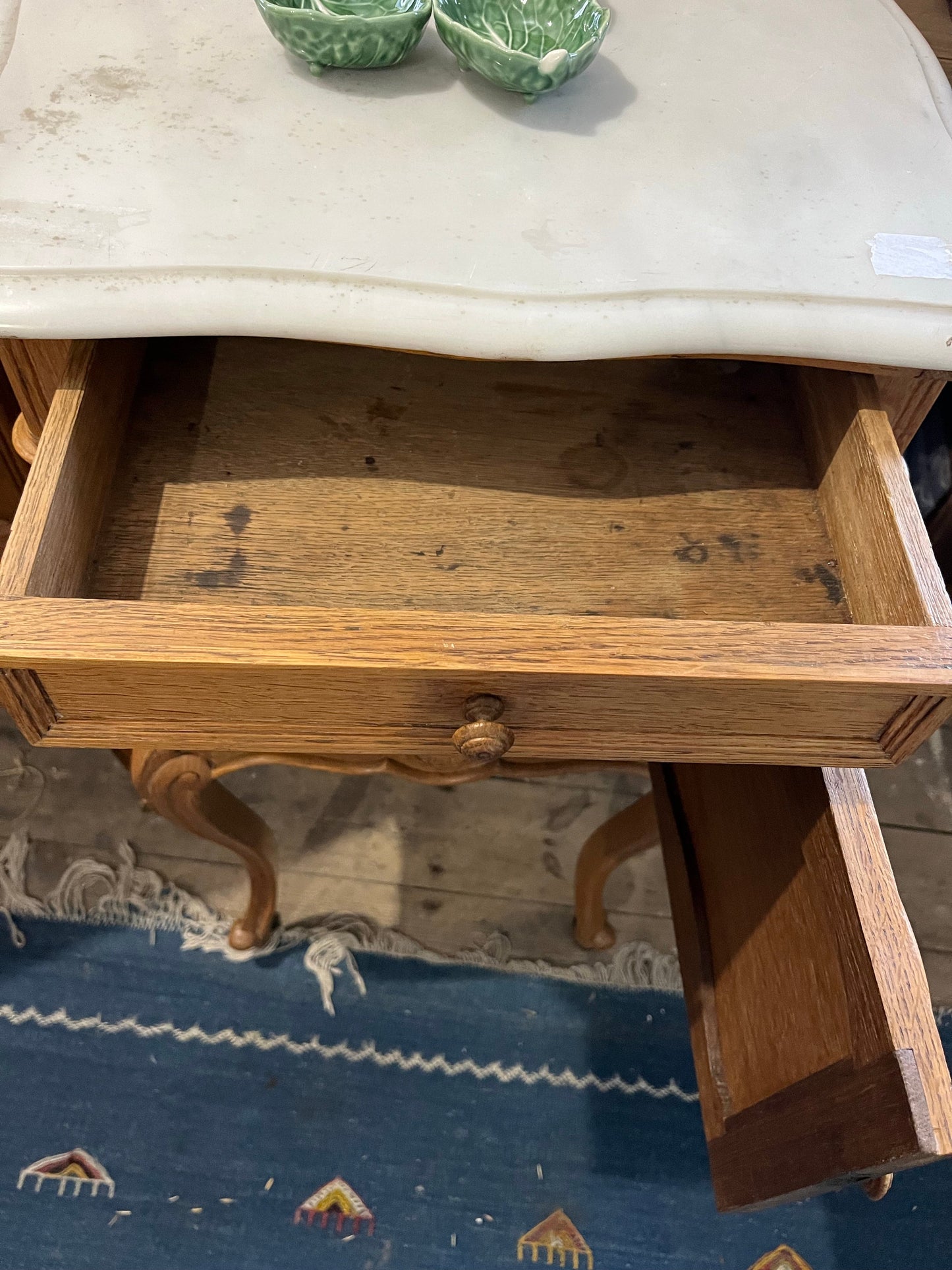 Pair of Louis XVth French Oak marble topped bedsides