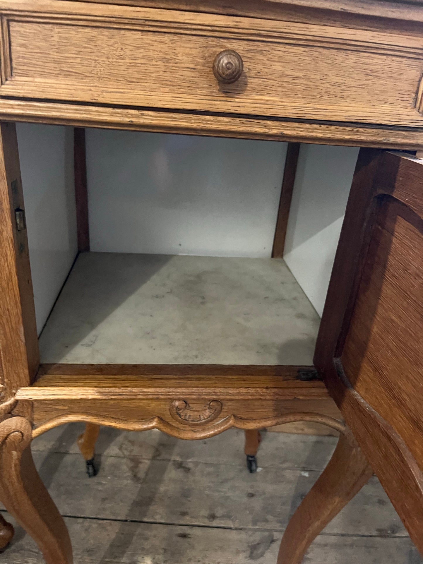 Pair of Louis XVth French Oak marble topped bedsides