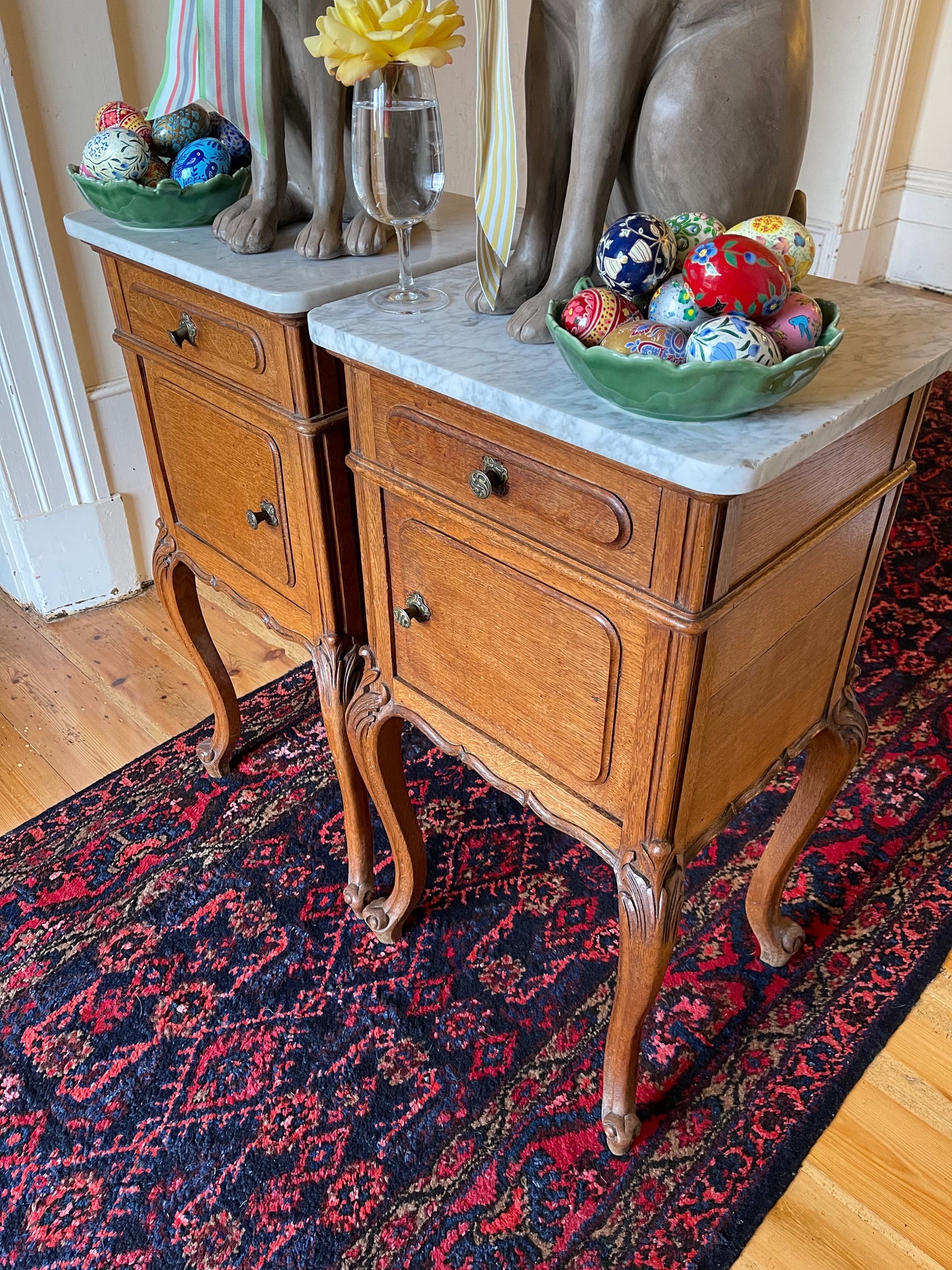 Pair Louis XVth oak & white marble bedsides