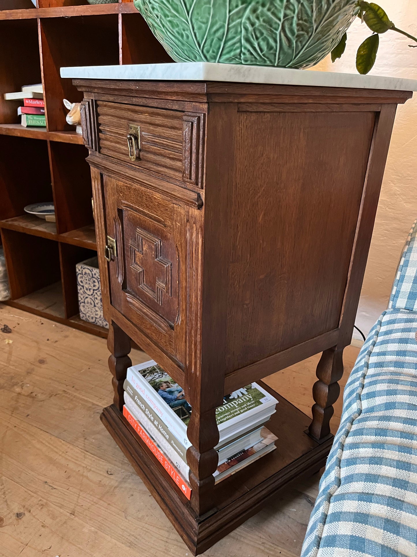 Pair of French oak marble topped bedsides