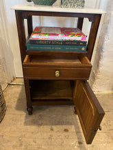 Load image into Gallery viewer, A pair of French oak marble topped bedsides
