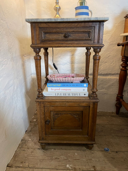 French oak bedside tables marble tops