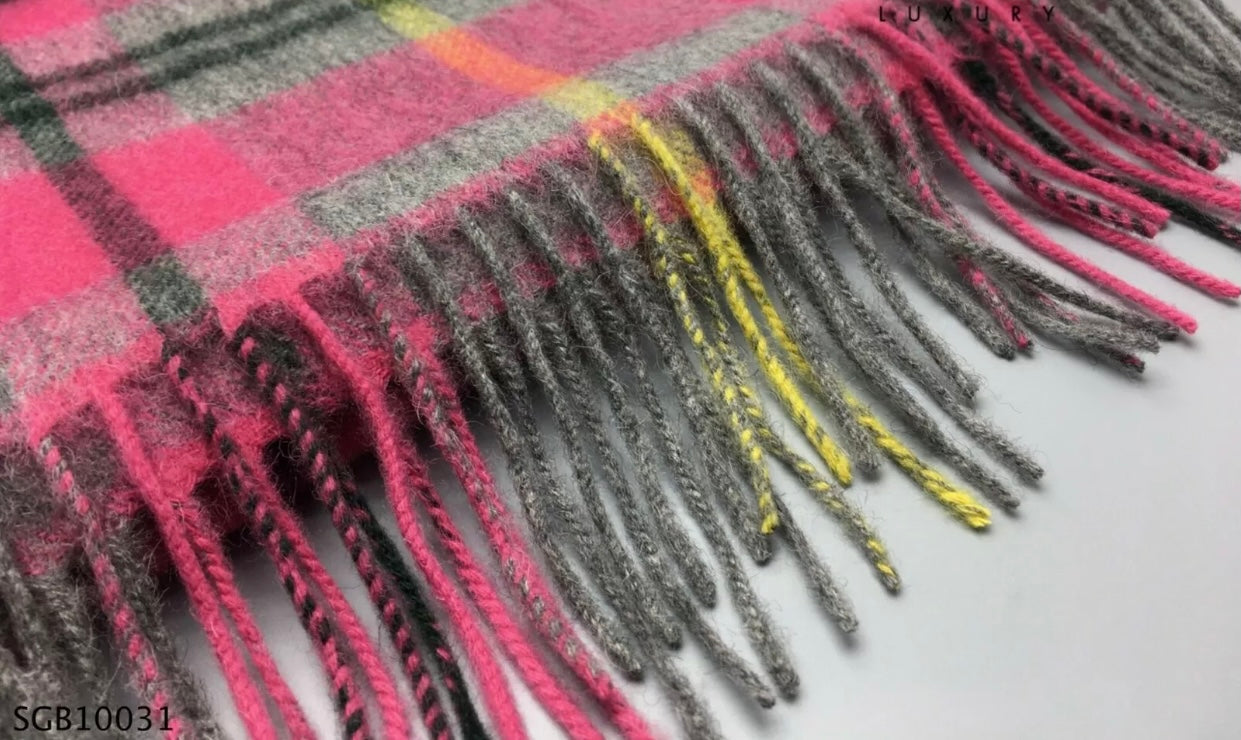 Woollen scarf 100% Merino wool raspberry/grey/yellow