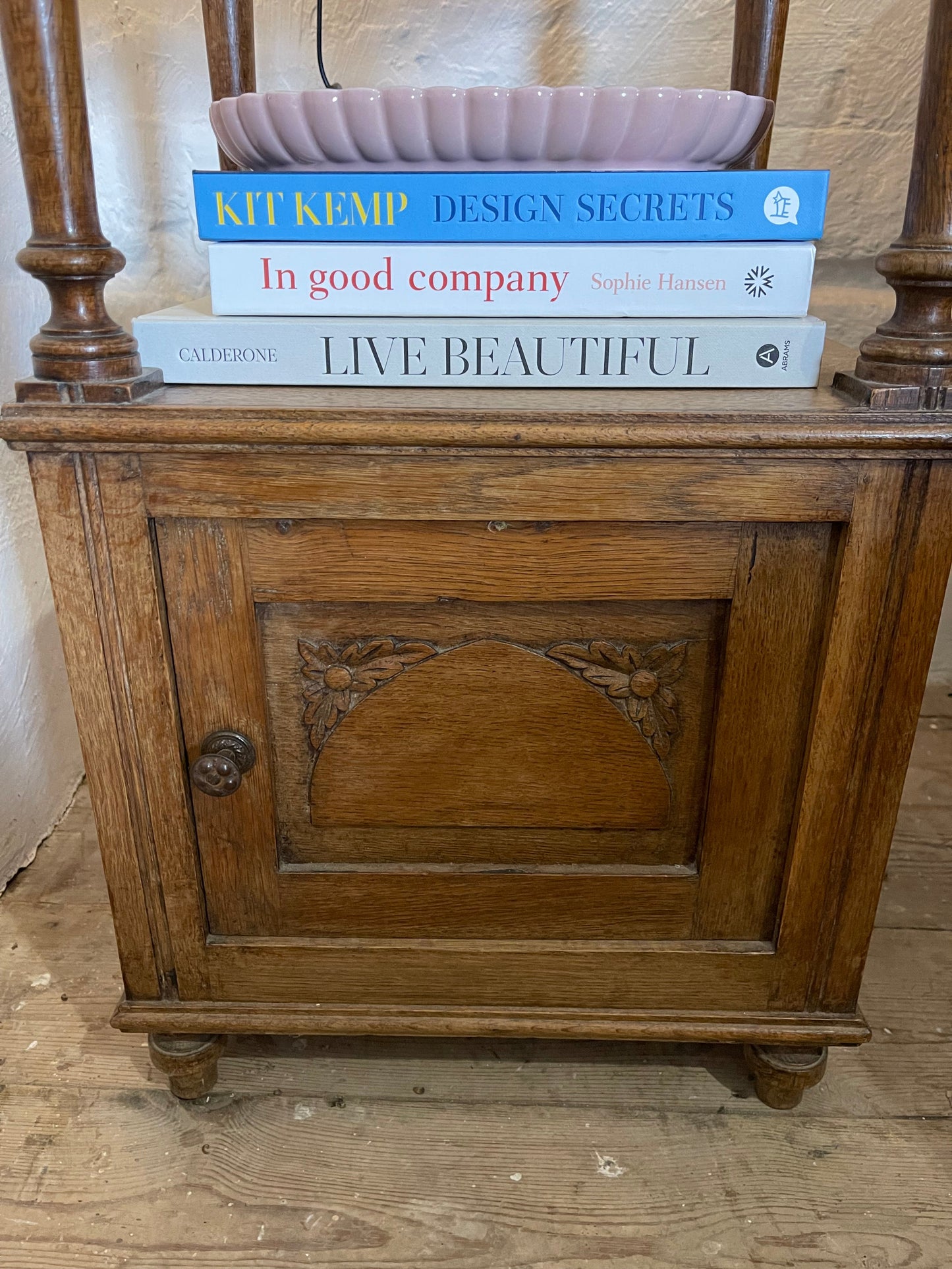 French oak bedside tables marble tops