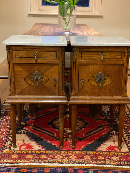Antique French oak Ormolu bedside tables with white marble tops