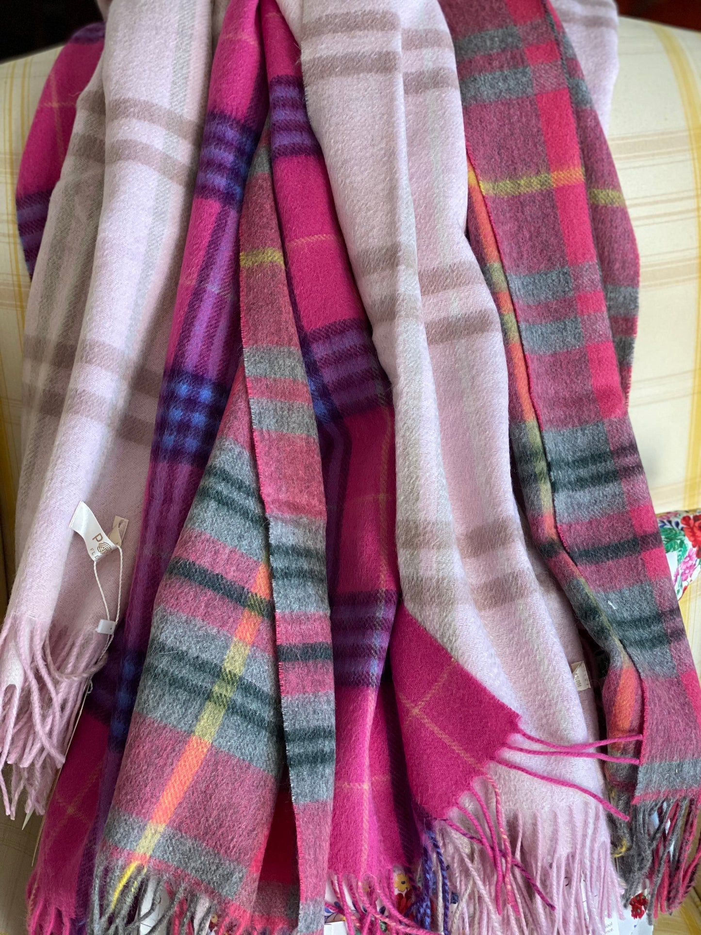 Woollen scarf 100% Merino wool raspberry/grey/yellow