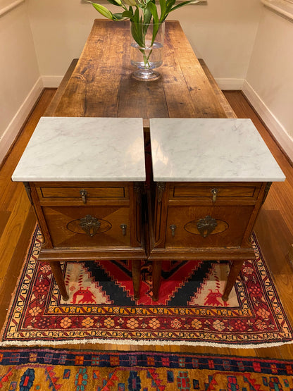 Antique French oak Ormolu bedside tables with white marble tops