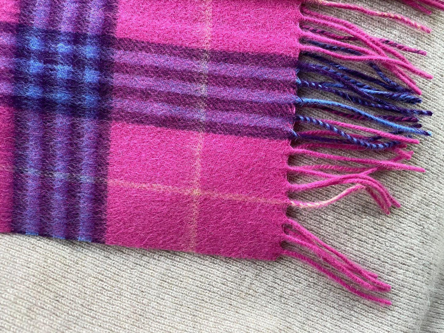 Woollen scarf 100% merino wool raspberry pink & blue