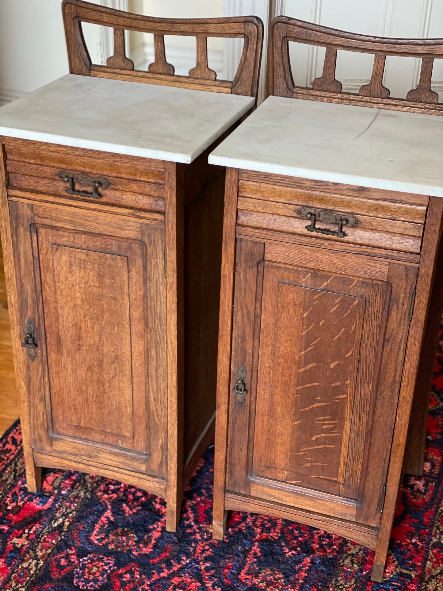 Pair of antique French oak nouveau bedsides