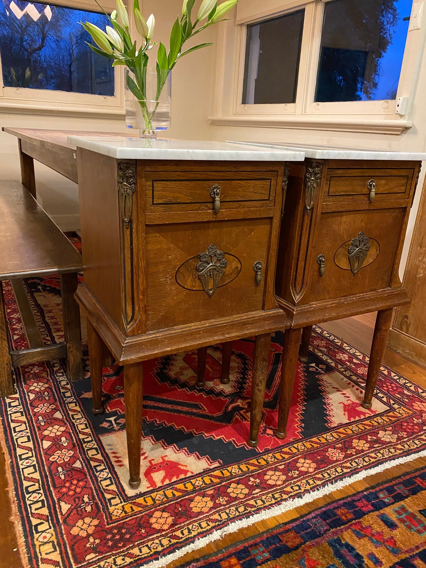 Antique French oak Ormolu bedside tables with white marble tops