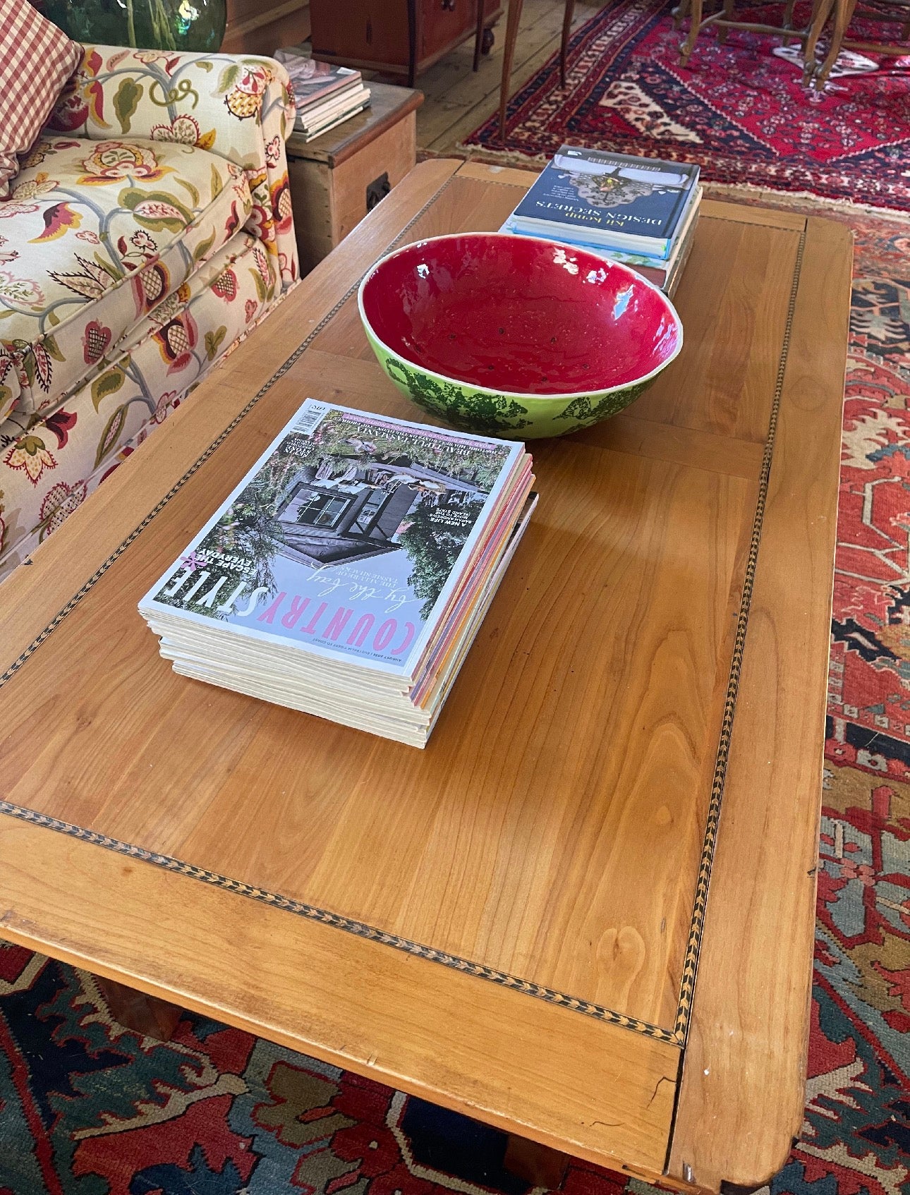 Antique pine coffee table with inlay