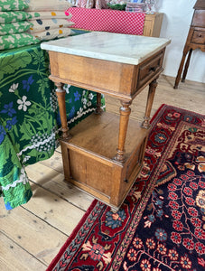 French oak bedside with carved detail & marble top
