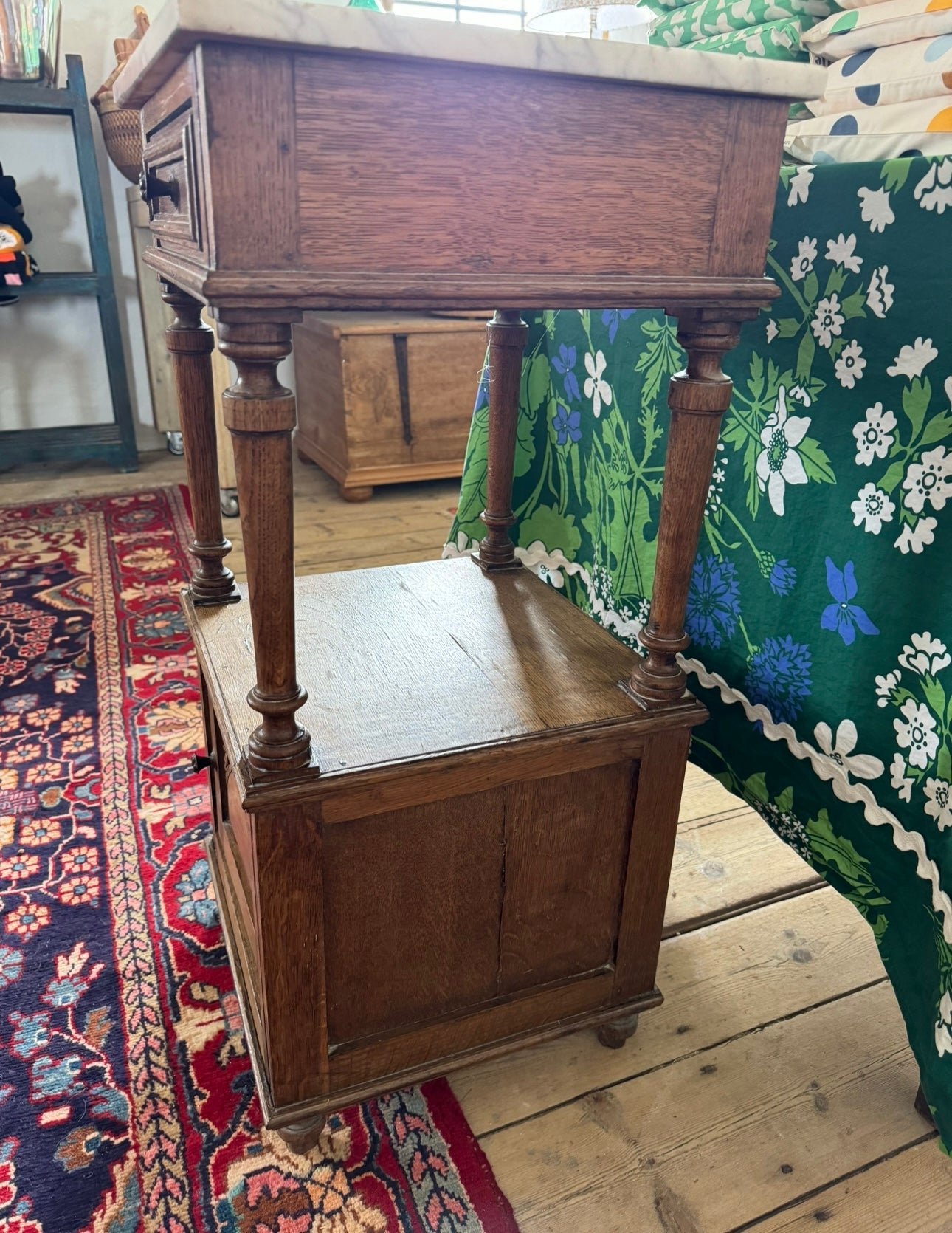 French oak bedside with carved detail & marble top