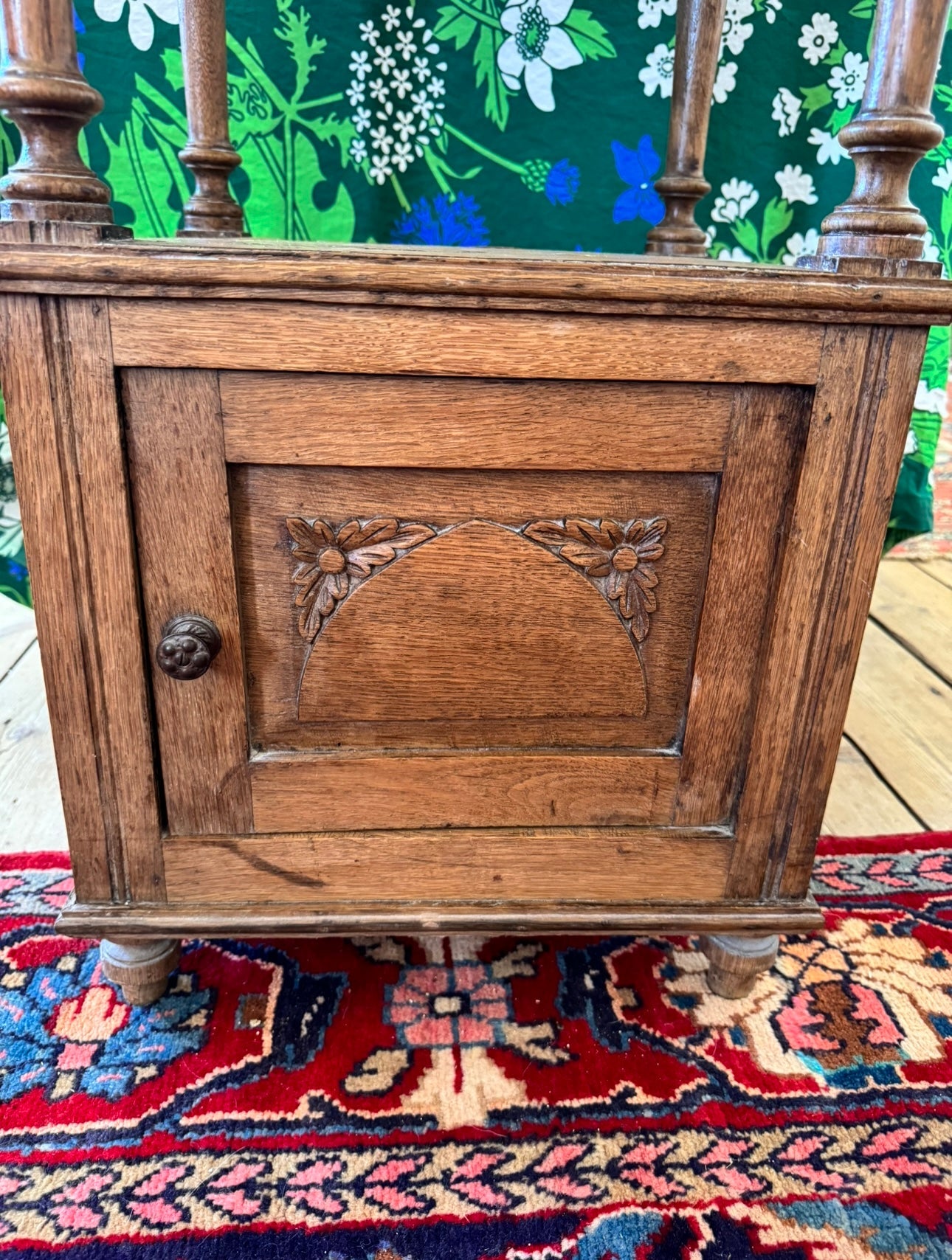 French oak bedside with carved detail & marble top