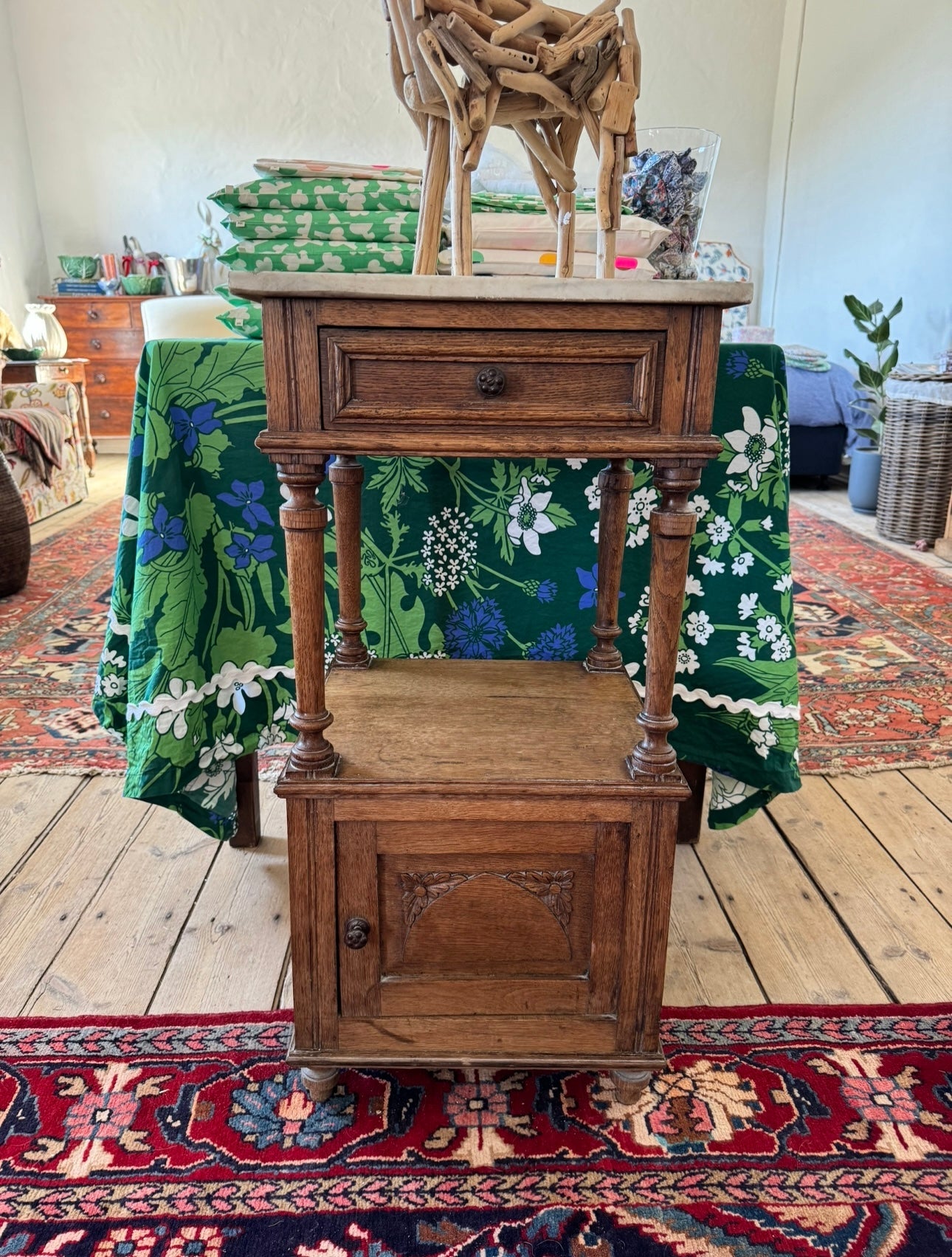 French oak bedside with carved detail & marble top