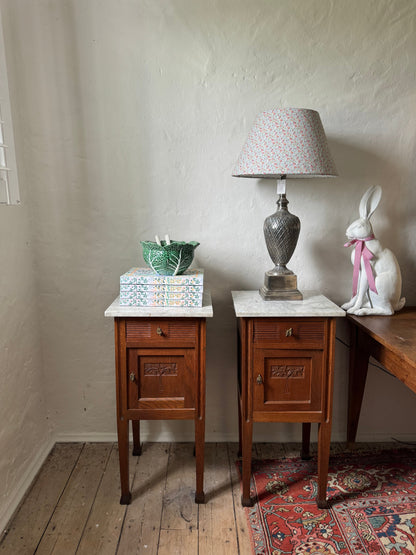 French oak bedsides with marble tops