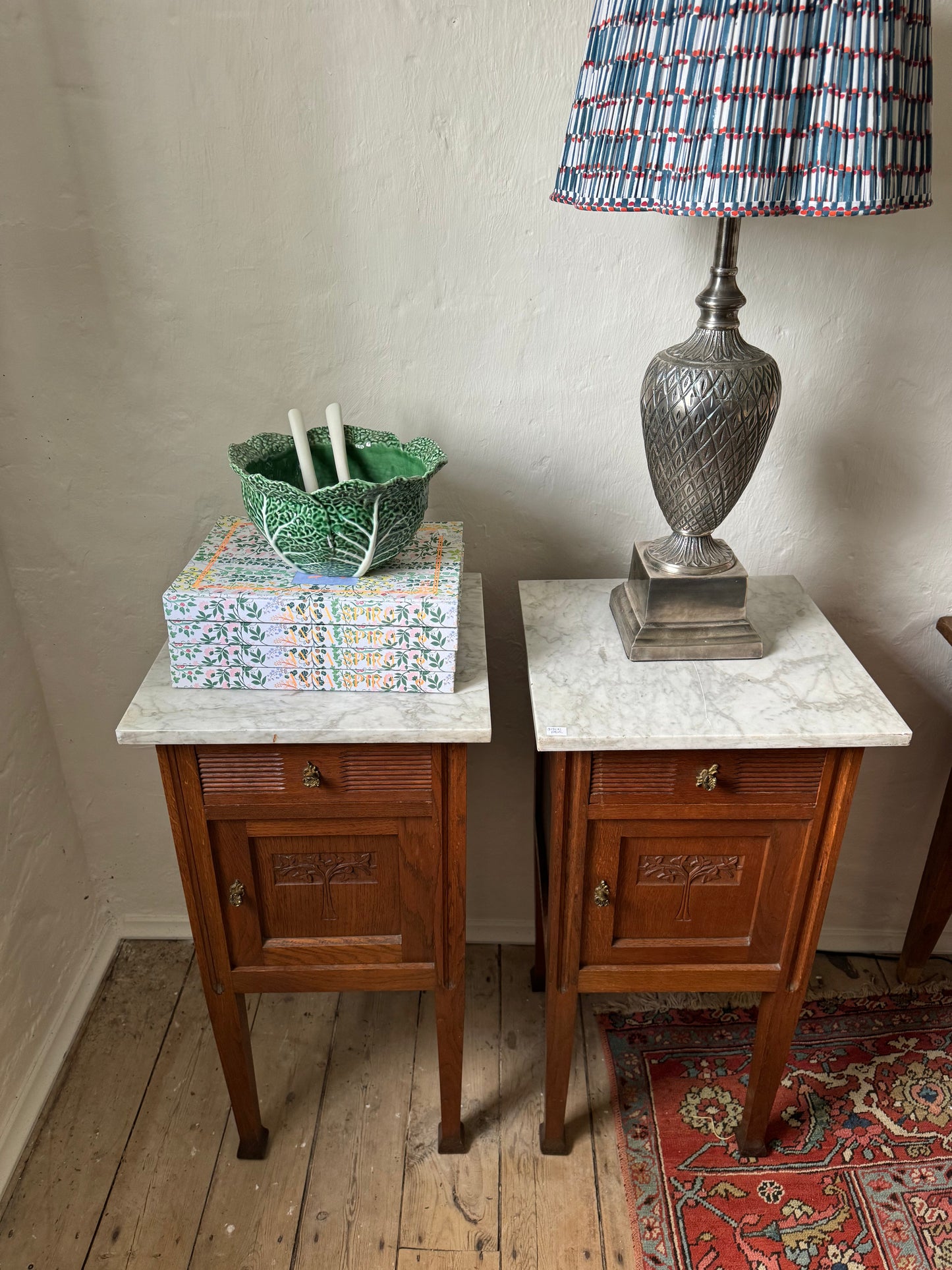 French oak bedsides with marble tops