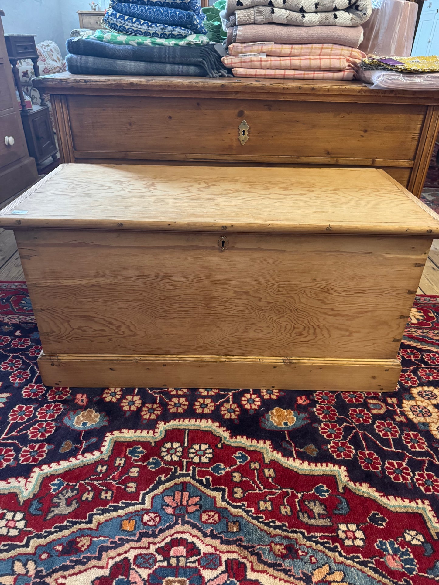 Antique raw pine trunk with brass handles