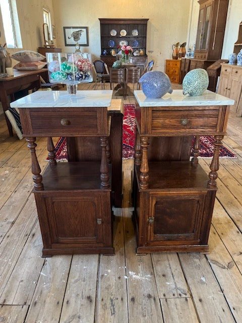 Antique French oak marble topped bedside tables