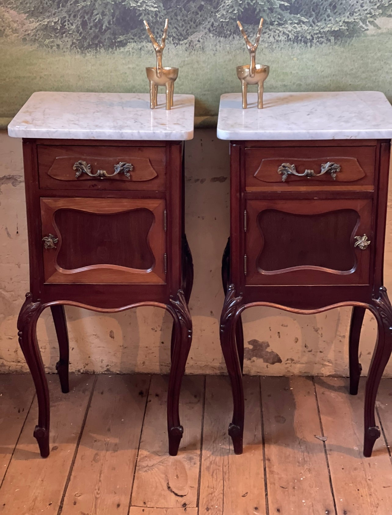Pair of 19th century French bedside cabinets with marble tops and cabriole legs