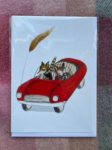 Fox & Cat in Sports Car Card