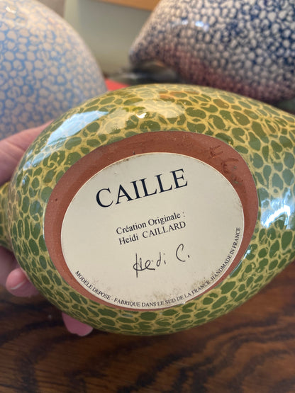 French ceramic quail pecking green and yellow