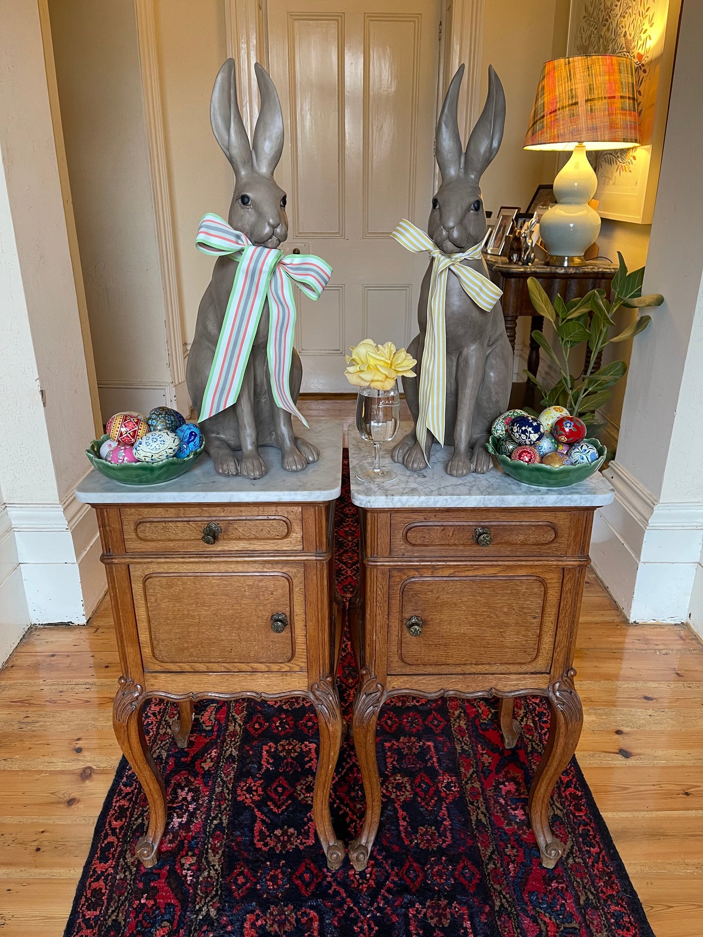 Pair Louis XVth oak & white marble bedsides