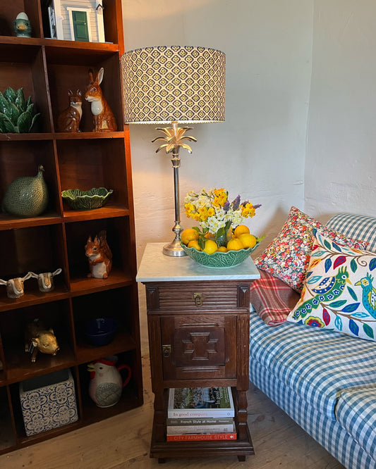 Pair of French oak marble topped bedsides