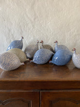 Load image into Gallery viewer, French ceramic guinea fowl white spotted blue PECKING
