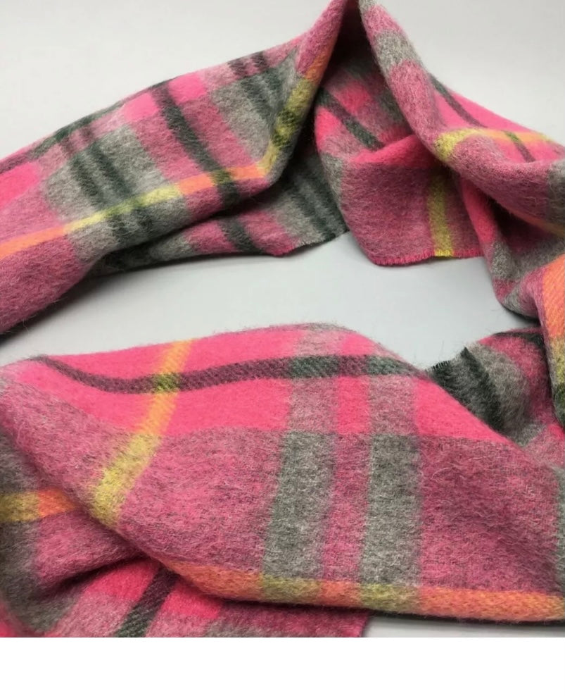 Woollen scarf 100% Merino wool raspberry/grey/yellow