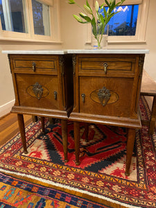 Antique French oak Ormolu bedside tables with white marble tops