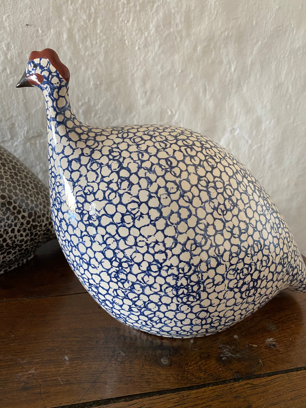 French ceramic guinea fowl white & navy LARGE