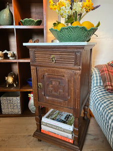 Pair of French oak marble topped bedsides