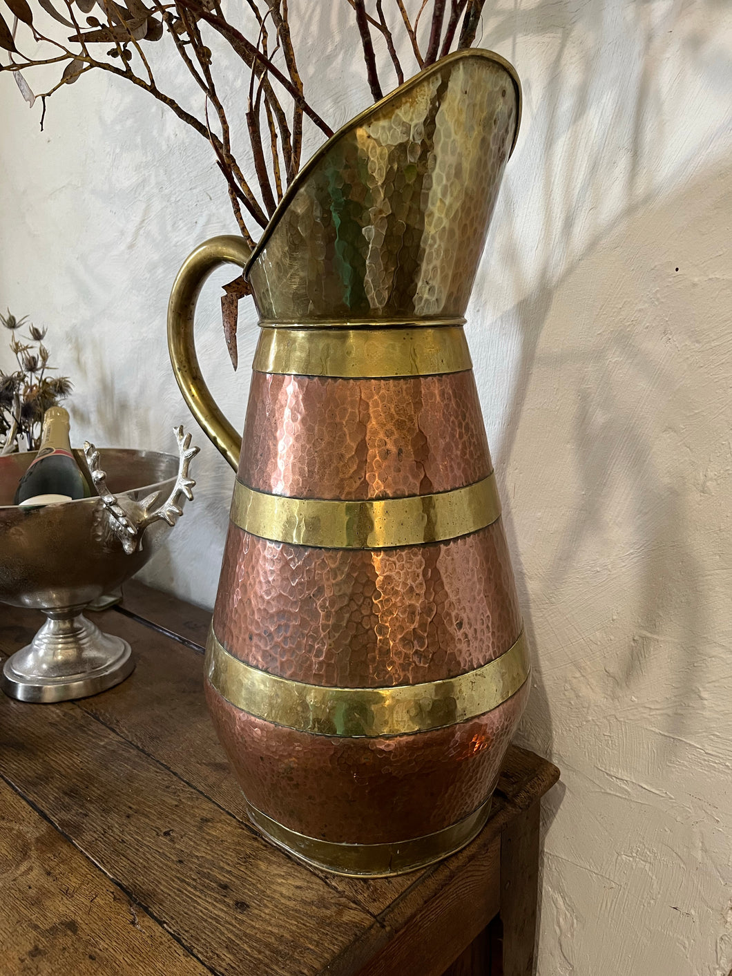 French antique jug copper with brass banding