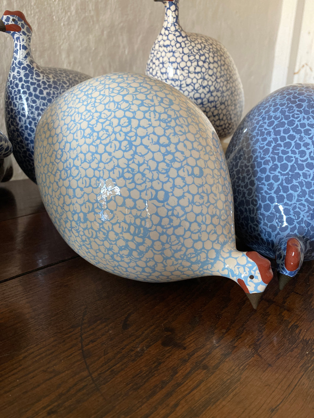 French ceramic guinea fowl white and pale blue PECKING