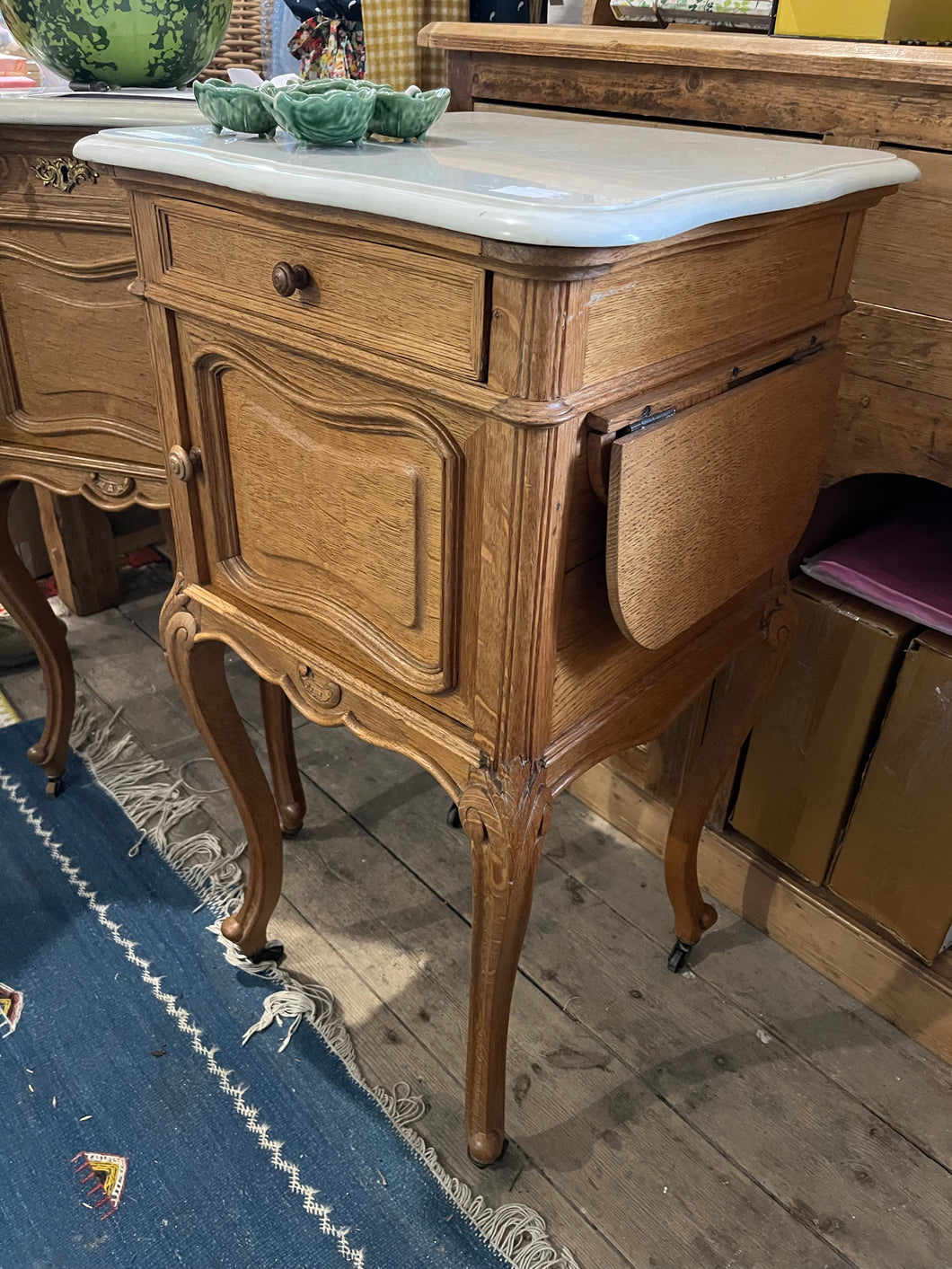 Pair of Louis XVth French Oak marble topped bedsides